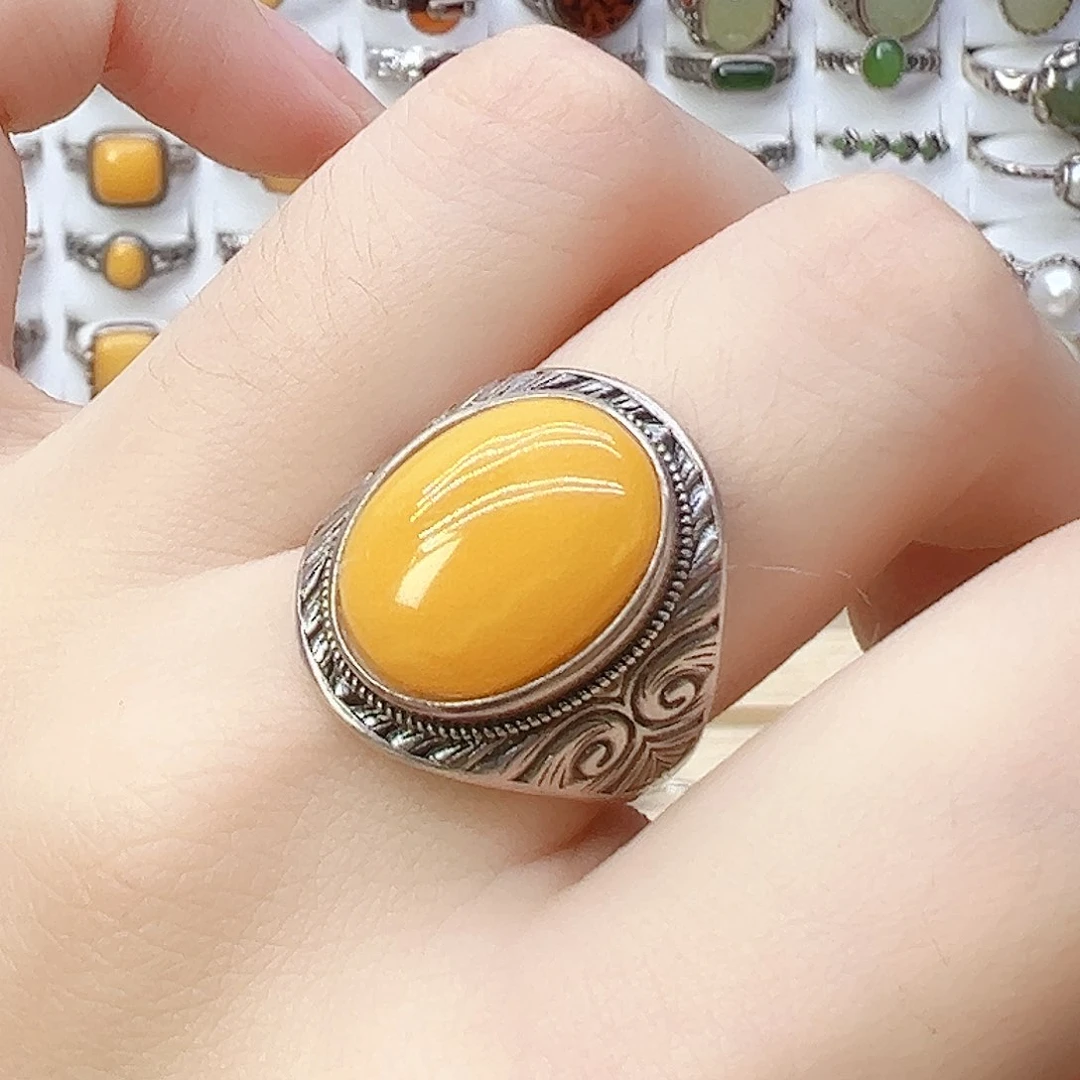 蜜蜡银S925镶嵌戒指，