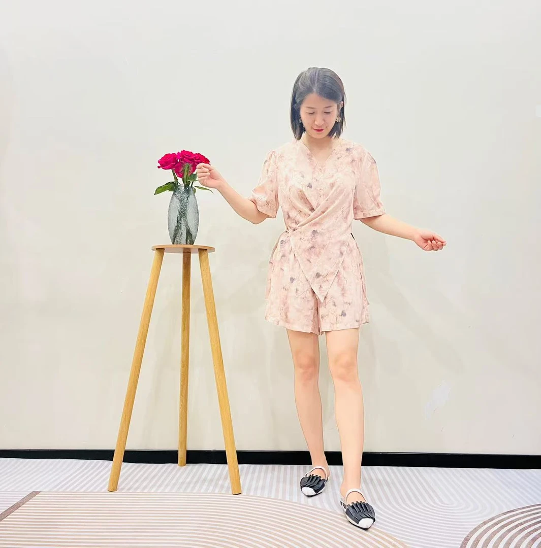 不规则扎染印染印花薄款夏季水墨提花V领清凉感短袖短裤套装