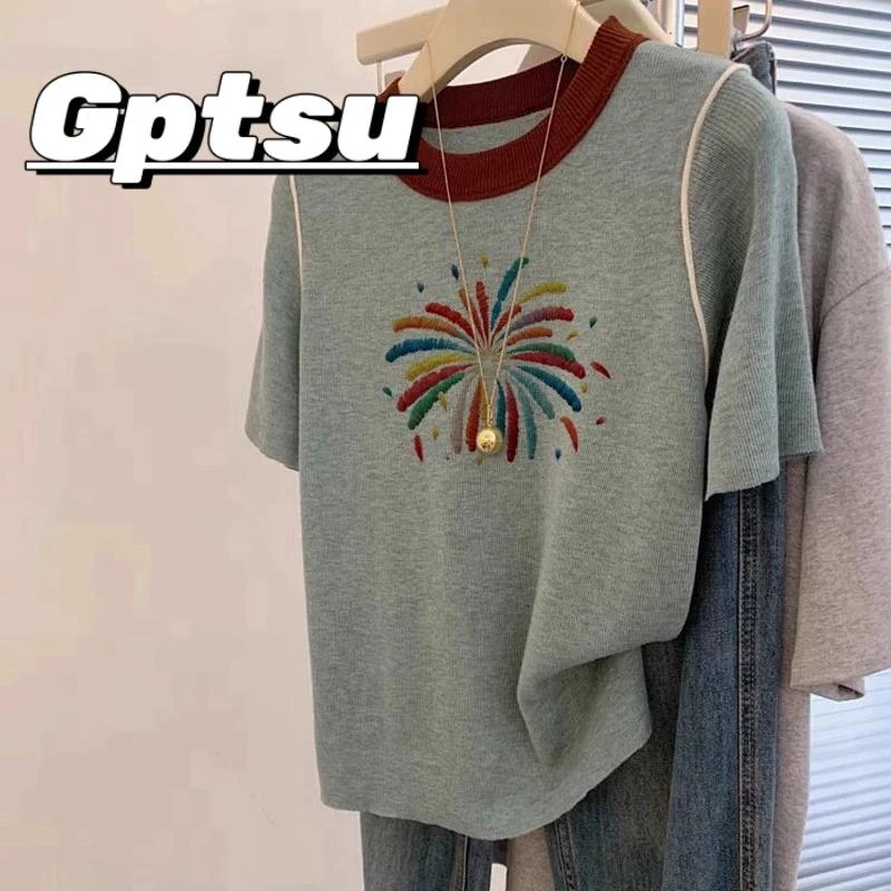 GPTSu大码女装刺绣撞色圆领短袖T恤女夏宽松显瘦洋气减龄上衣薄款