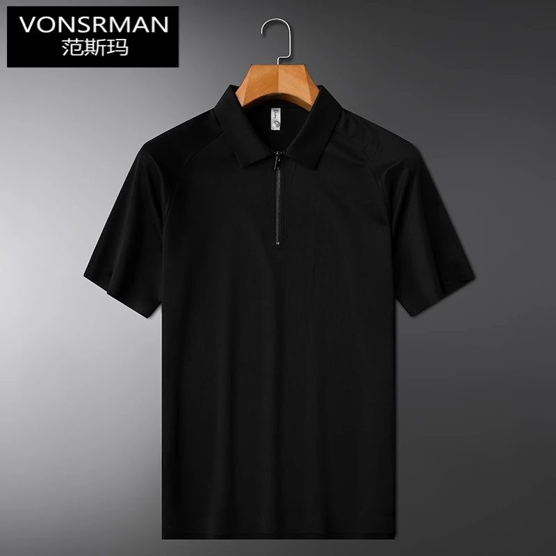 时尚黑色半拉链短袖Polo衫男士夏季薄款商务休闲修身翻领t恤潮流