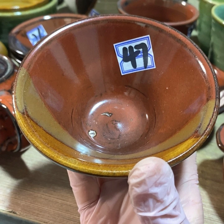 瓷片五厂铁红釉斗笠盏微瑕疵