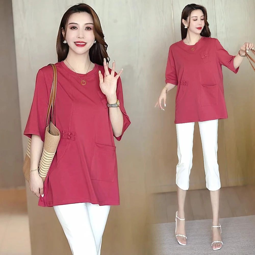休闲大码短袖T恤女2025夏季新款韩版宽松显瘦百搭中长款盘扣上衣