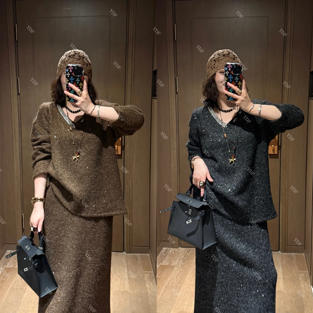 YDFSTUDIO小众【闪耀华丽】欧货重工钉钻设计V领上衣+半身裙套装