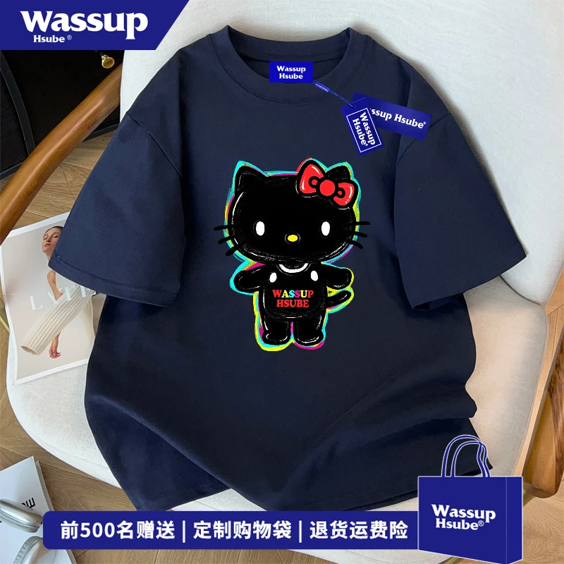 WASSUP HSUBE潮牌设计感凯蒂猫印花短袖T恤男女夏季宽松纯棉上衣