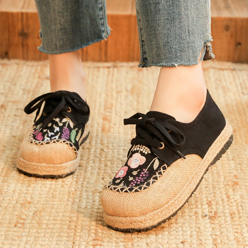 夏季透气森系懒人鞋系带绣花单鞋绣花鞋平底渔夫鞋