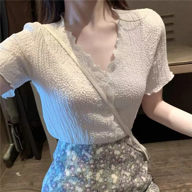 2699夏季半身裙两件套上衣女新款褶皱洋气短袖雪纺衫套装