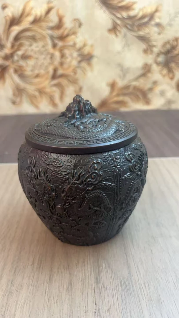 铜质九龙设计茶叶罐家居办公实用装饰品