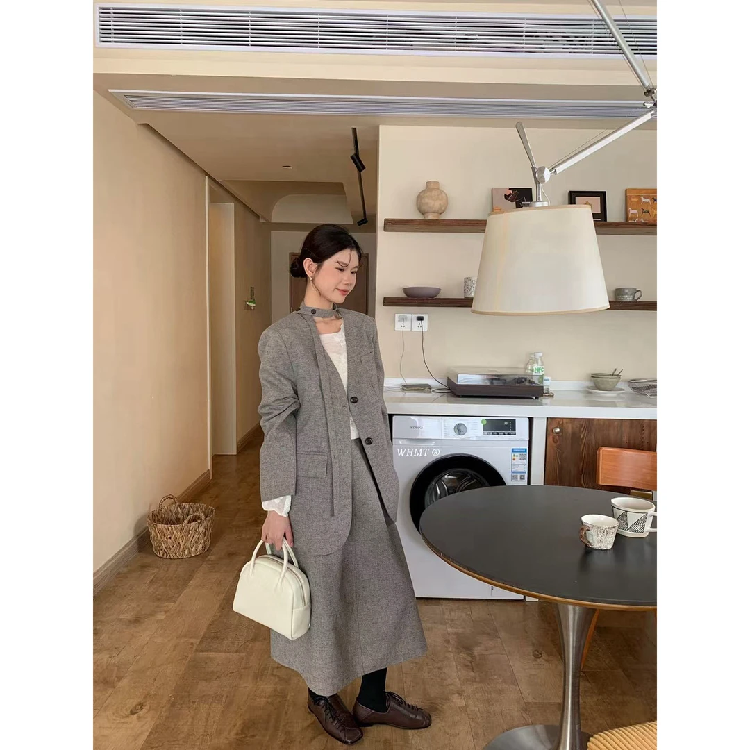 C/1510 韩系无领呢子西装外套+半身裙套装（配飘带裙长74 衣长70）