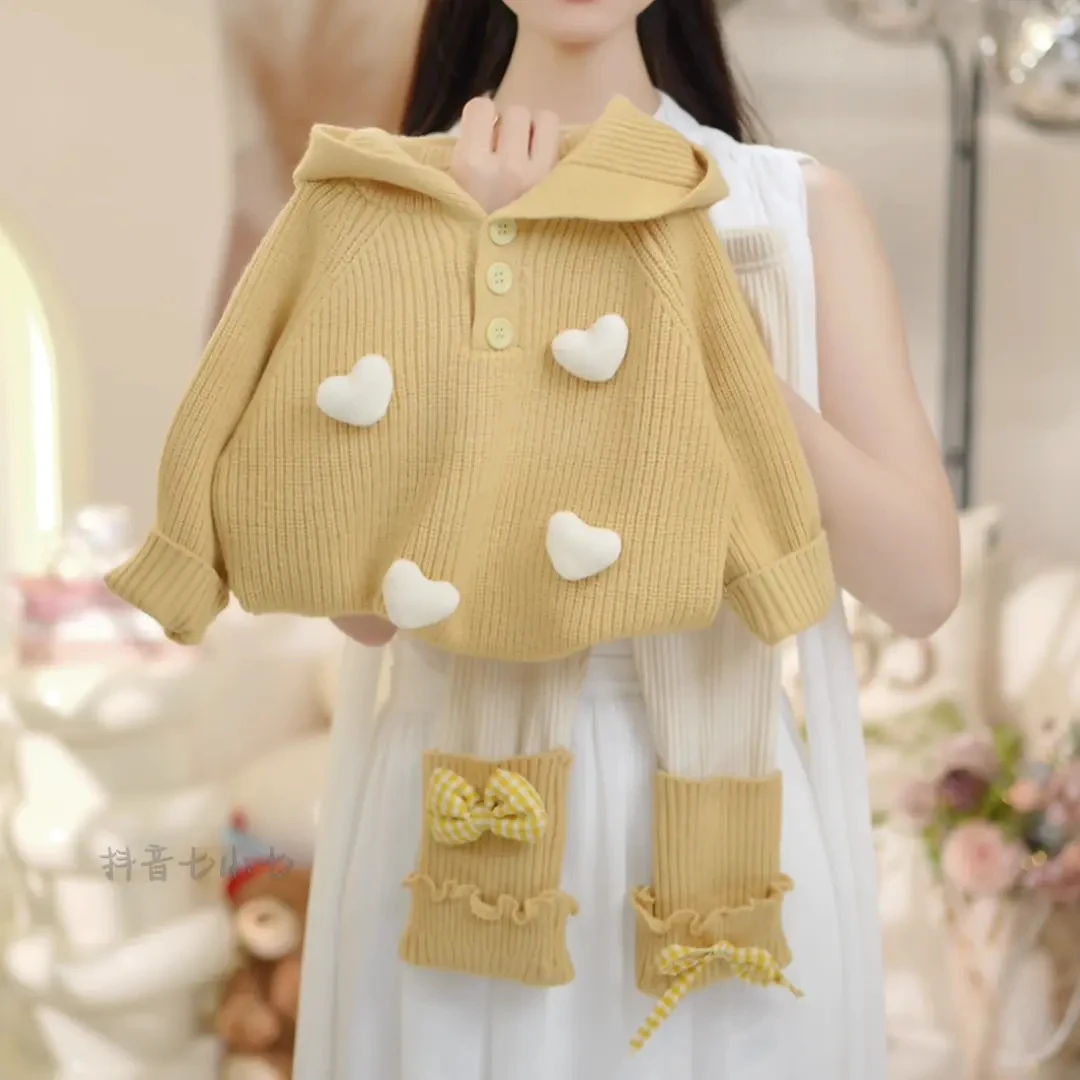 女童毛衣2025秋季新款洋气爱心连帽毛衣打底裤女童针织衫毛衣外套
