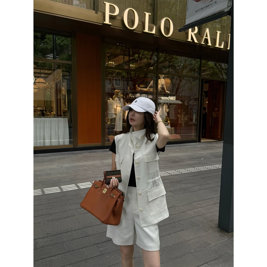 【艺术学院】“亚麻+天丝”老钱风白色透气百搭马甲无袖立领外套21414