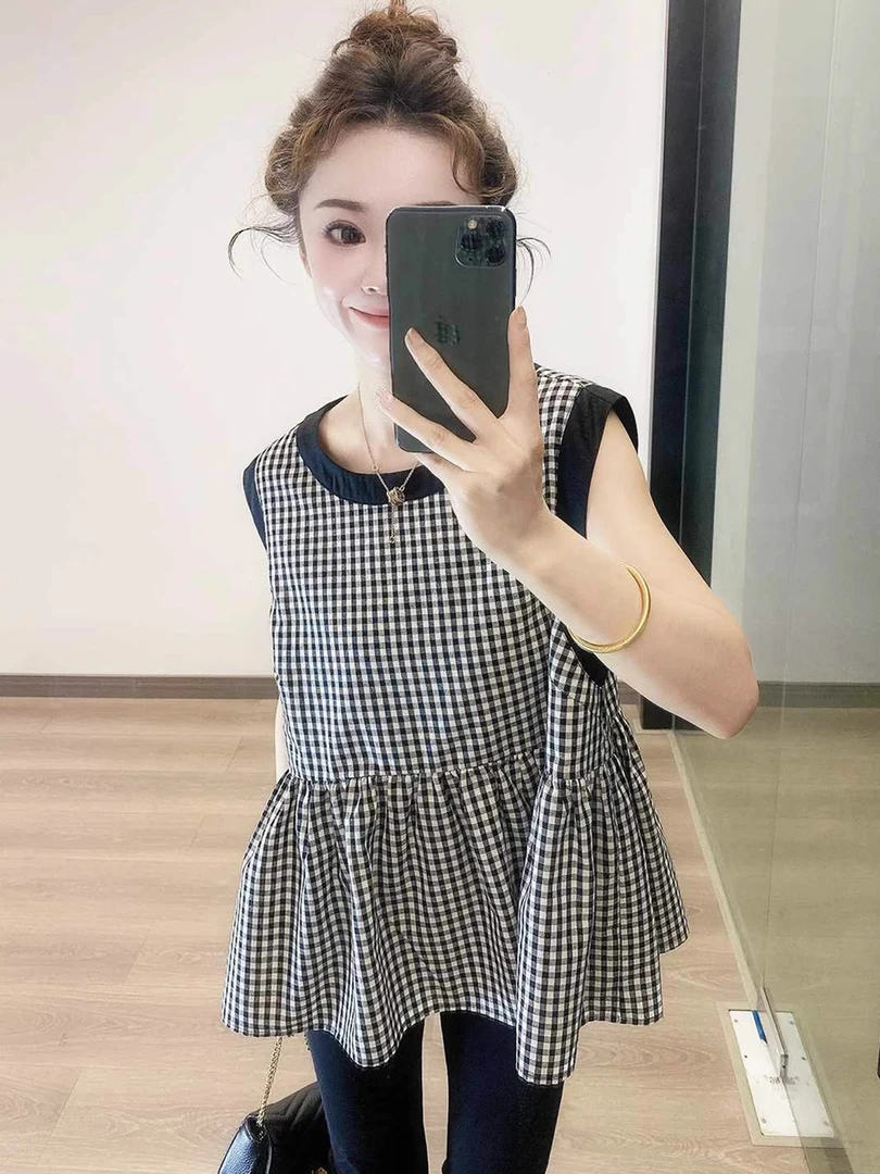 日系格纹撞色无袖背心衬衫女2025新款爆款夏季减龄洋气上衣