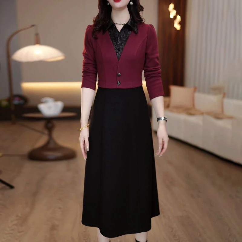 C618高级磨毛精纺呢气质洋气优雅礼服裙2025春秋新款中长款连衣裙