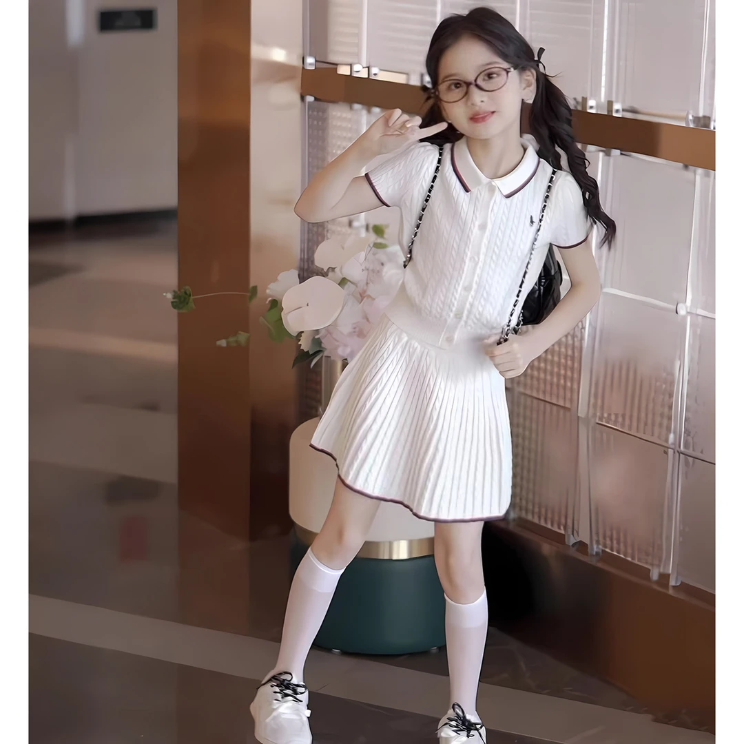 媛媛公主2025夏季学院风女孩针织开衫半裙女童夏装套装15236A134