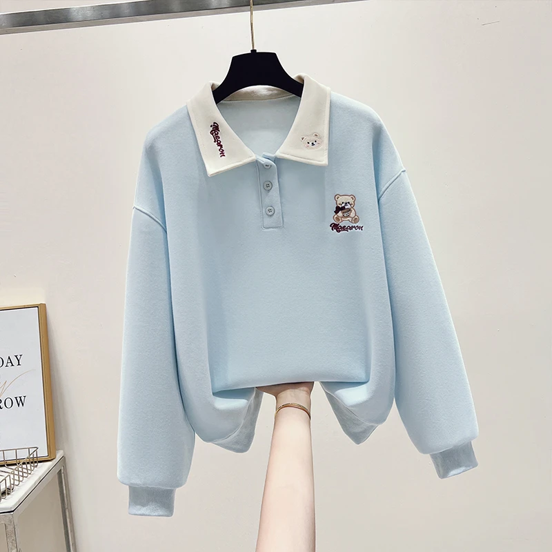 秋季2025新款拼色polo领立体刺绣小熊卫衣女韩版气质百搭休闲上衣