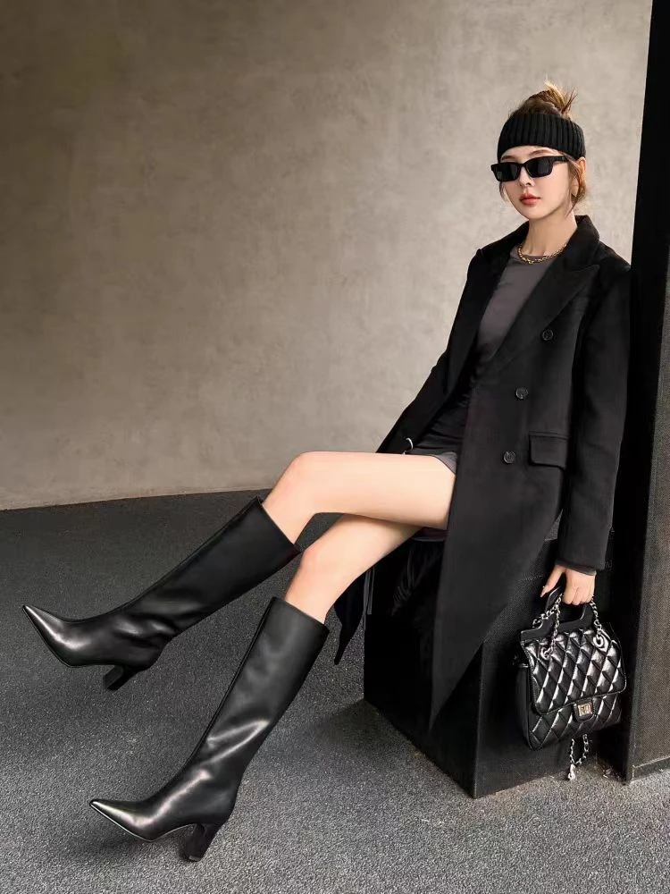高跟尖头长筒时装靴秋冬新款不过膝瘦瘦小个子辣妹复古高靴 5096