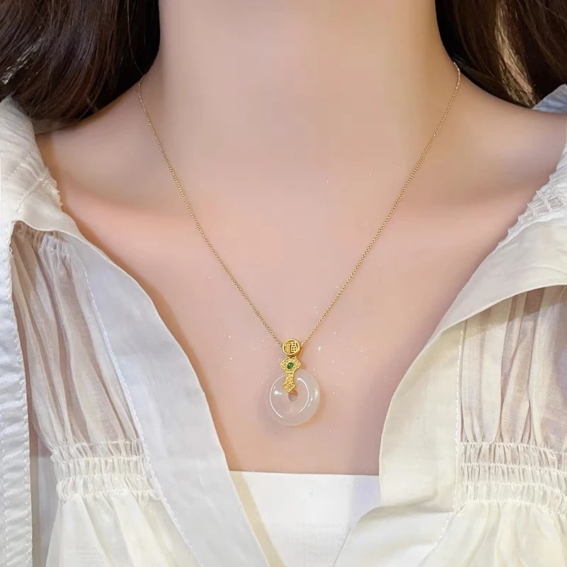 钛钢项链 不掉色平安扣项链轻奢小众设计福字如意柄圆环吊坠