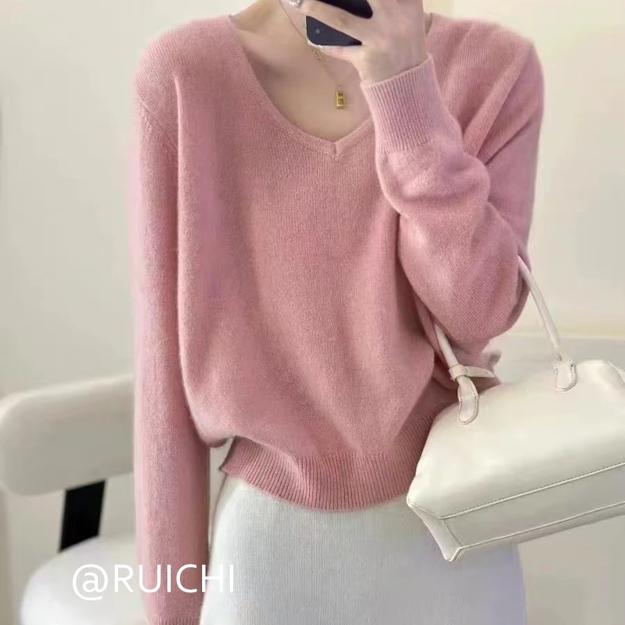 慵懒女人风~2025早春纯色针织女V领打底衫显瘦长袖女装
