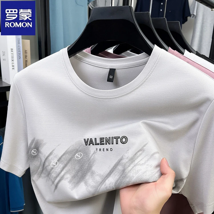 罗蒙男士薄款T恤圆领短袖t恤夏季新款时尚潮流印花宽松休闲半袖