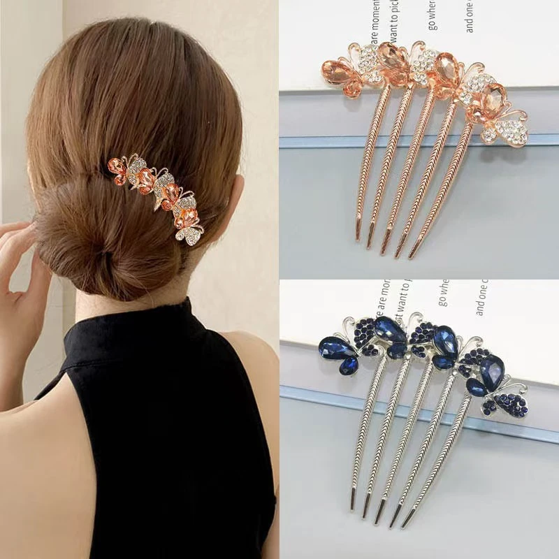 时尚优雅水钻蝴蝶发梳后脑勺盘发插梳简约百搭丸子头发簪头饰