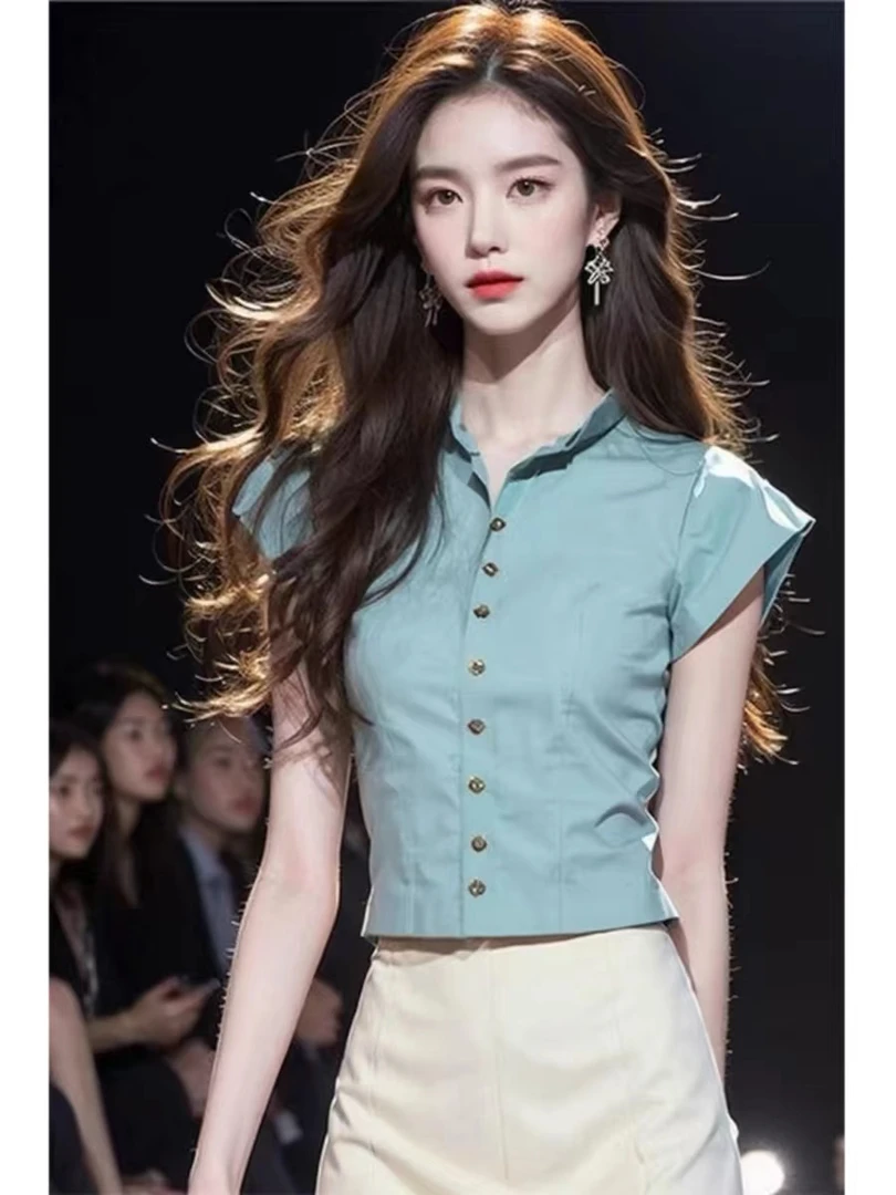 今年流行爆款衬衫冷淡系高级感小香风法式掐腰蓝色衬衫上衣女夏季