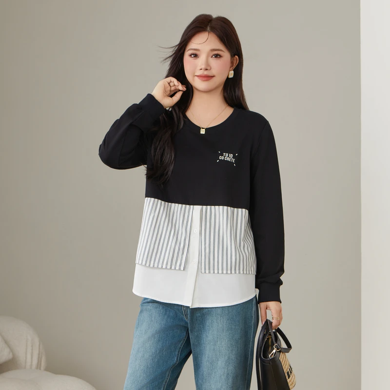 采多宝大码女装圆领条纹拼接不规则下摆设计感上衣 ECZ2529