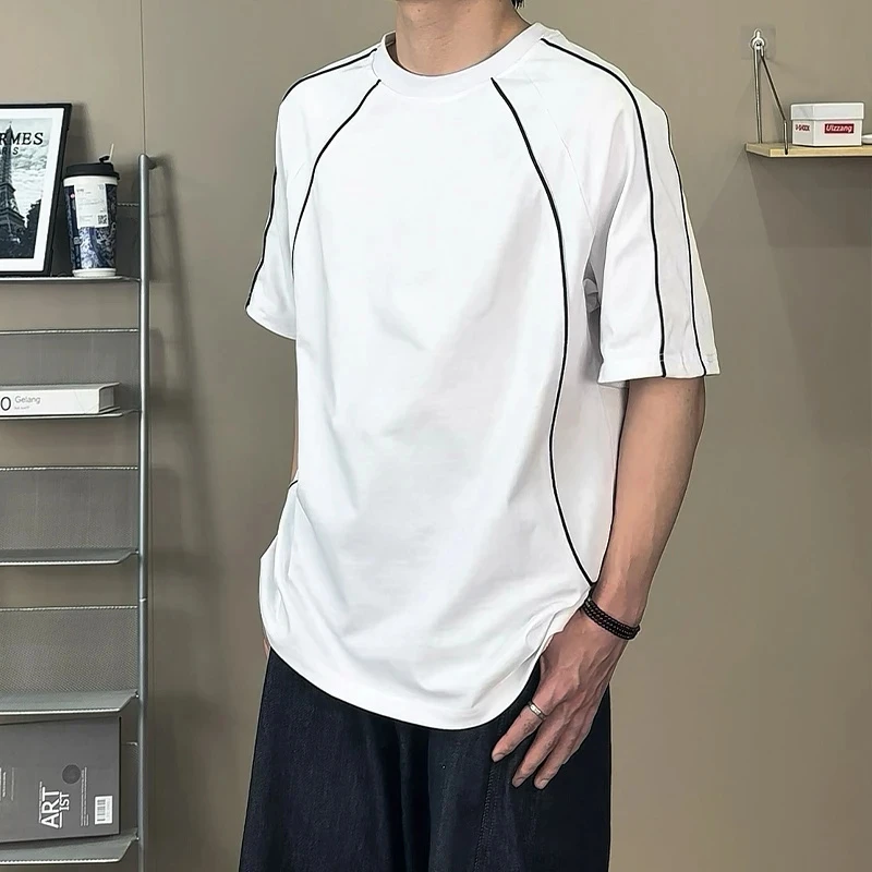 320g重磅插肩袖t恤男款夏季斜切解构分割线短袖中性风小领口半袖