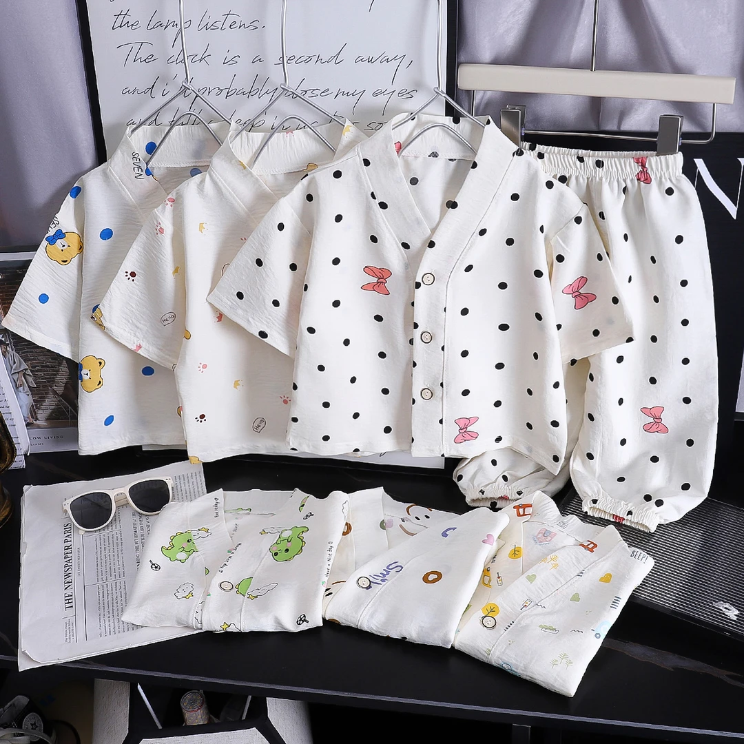 儿童夏季家居服宝宝泡泡睡衣男女童宝宝空调服九分套装两件套时尚