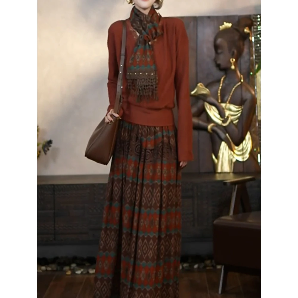 送丝巾!小众文艺风裙套装女2025秋季新软糯百搭长袖上衣+半身裙