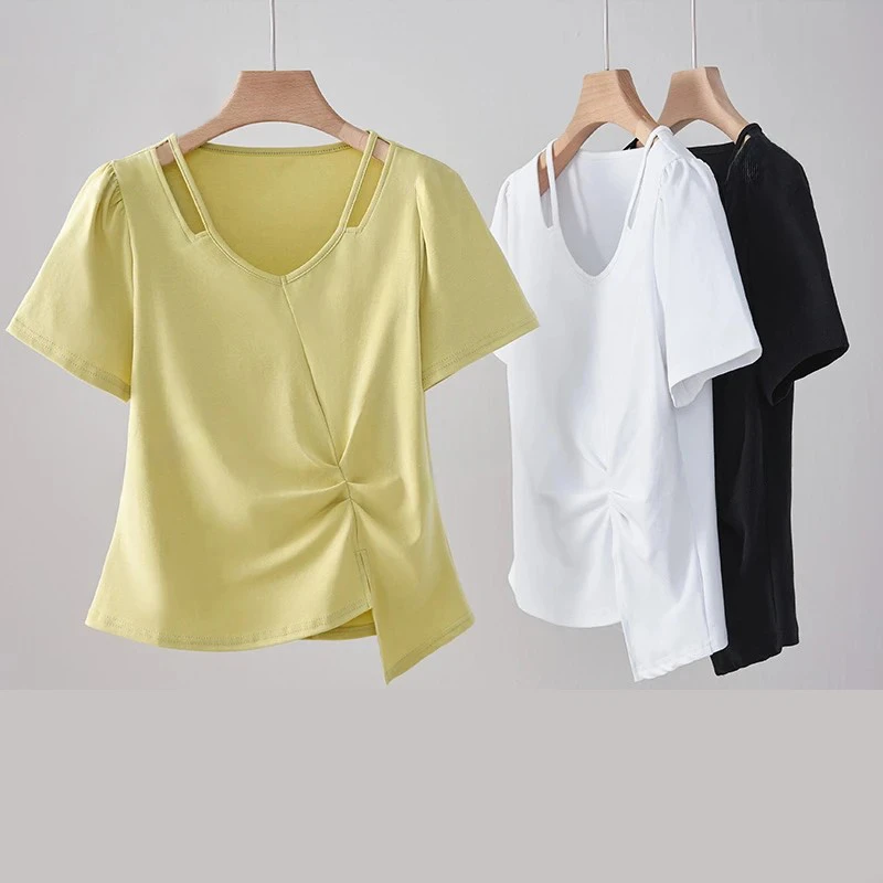 【高品质】不规则时尚百搭上衣小个子遮肉显瘦镂空小V领短袖T恤