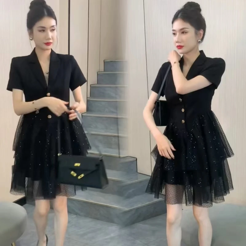 高级连衣裙黑色收腰夏季新款西装修身短袖小黑裙气质网纱拼接裙子