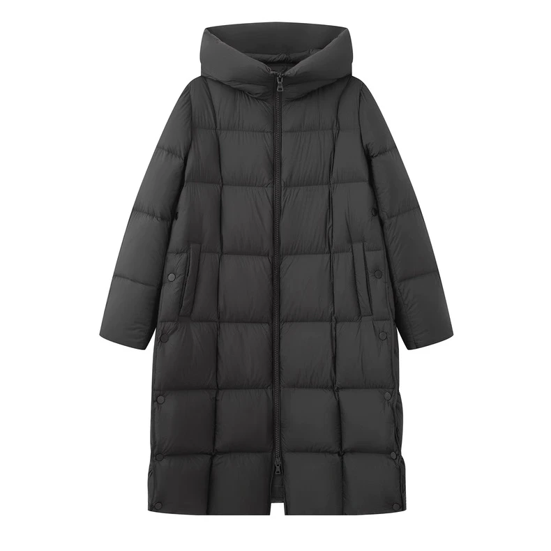艾家羽绒服-25年新款连帽款通勤百搭保暖黑色中长款羽绒服4166