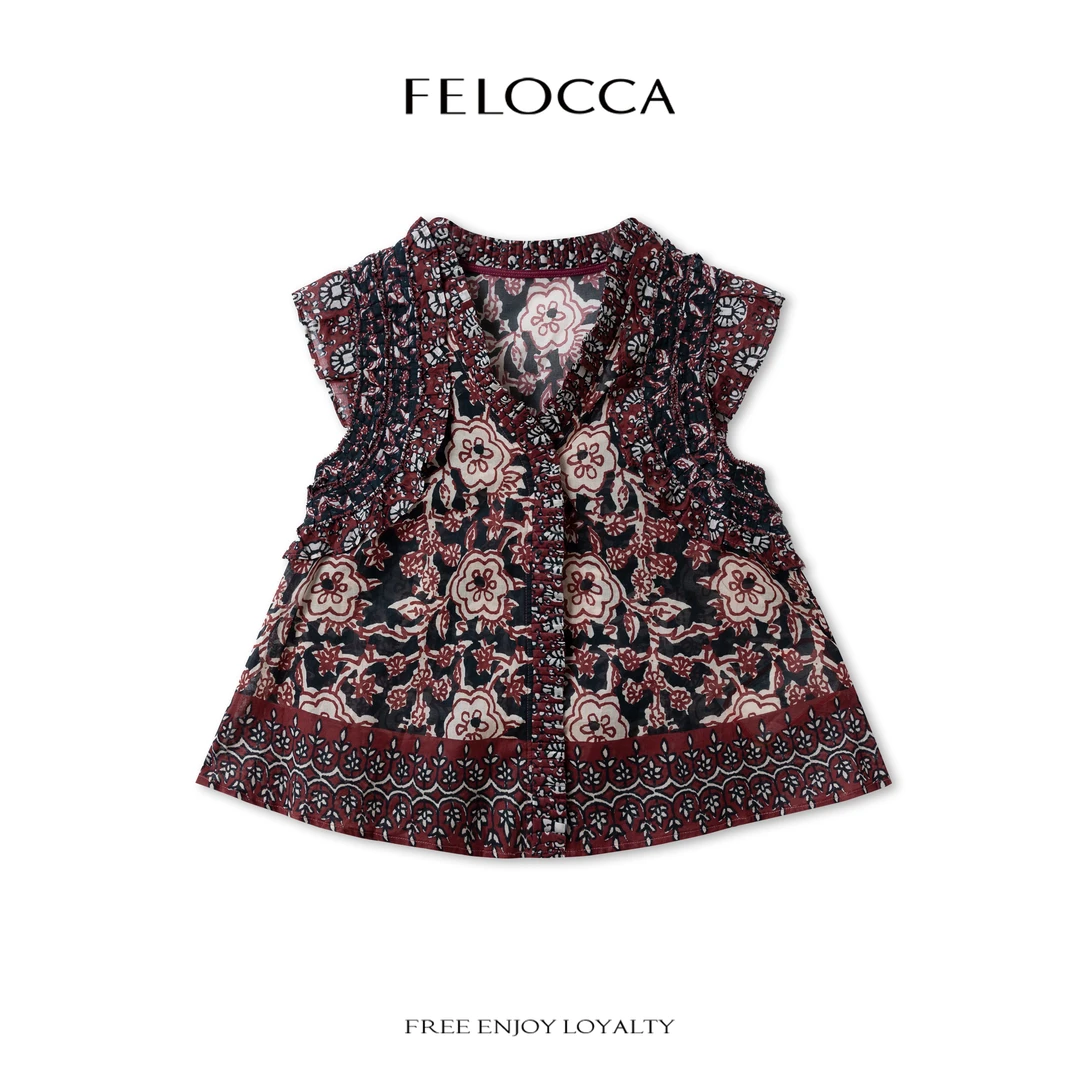【FELOCCA】印花压褶小飞袖背心V领气质碎花上衣NYN-4549