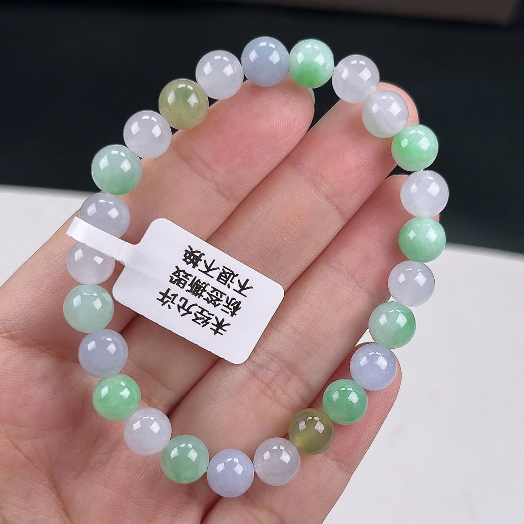 缅甸天然翡翠A货多宝马卡龙圆珠卡7彩色糖果色女款手串时尚百搭