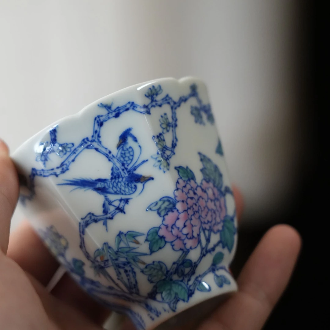 【雲梦】月造见物-斗彩花鸟六方杯