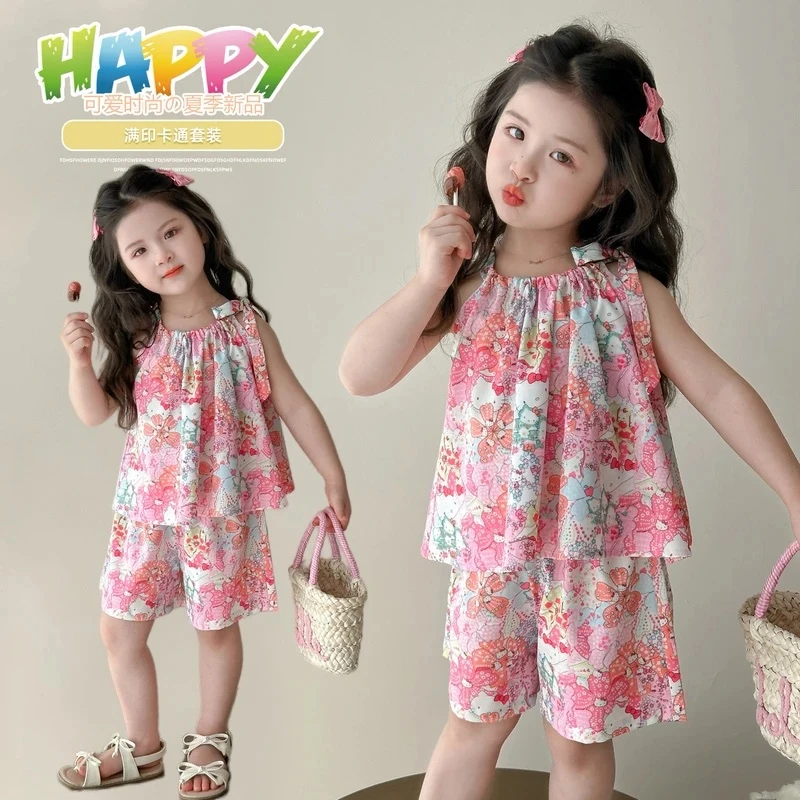 女小童夏季碎花吊带套装碎花网红夏季无袖洋气薄款儿童两件套夏装
