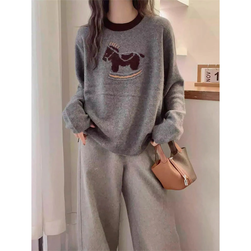 【现货现发】欧洲站2024春季圆领拼色卡通木马图案刺绣软糯针织毛衣