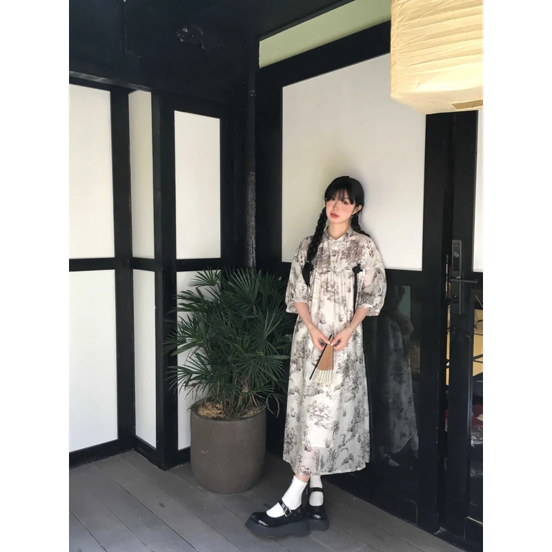 霍里德地图【清仓】中国结山水画连衣裙女夏季款七分袖宽松腰裙子