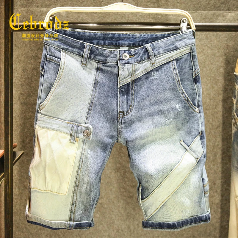 Cebrodz不规则牛仔裤短裤男潮牌设计感五分裤夏季薄款高街痞帅ins