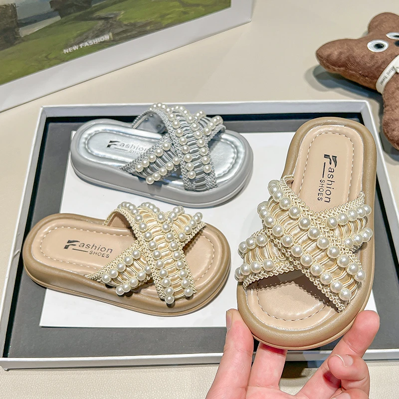 韩版夏季新款女童凉鞋百搭中大童珍珠拖鞋防滑软底厚底女童拖鞋