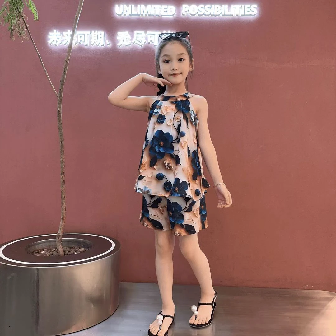 女童夏季2025新款中大童儿童吊带洋气短裤夏装两件套时髦套装