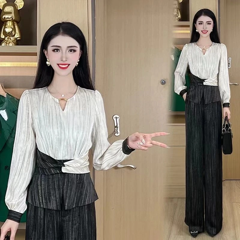 2025春新款长袖衬衣法式独特气质小衫套装上衣+裤子两件套