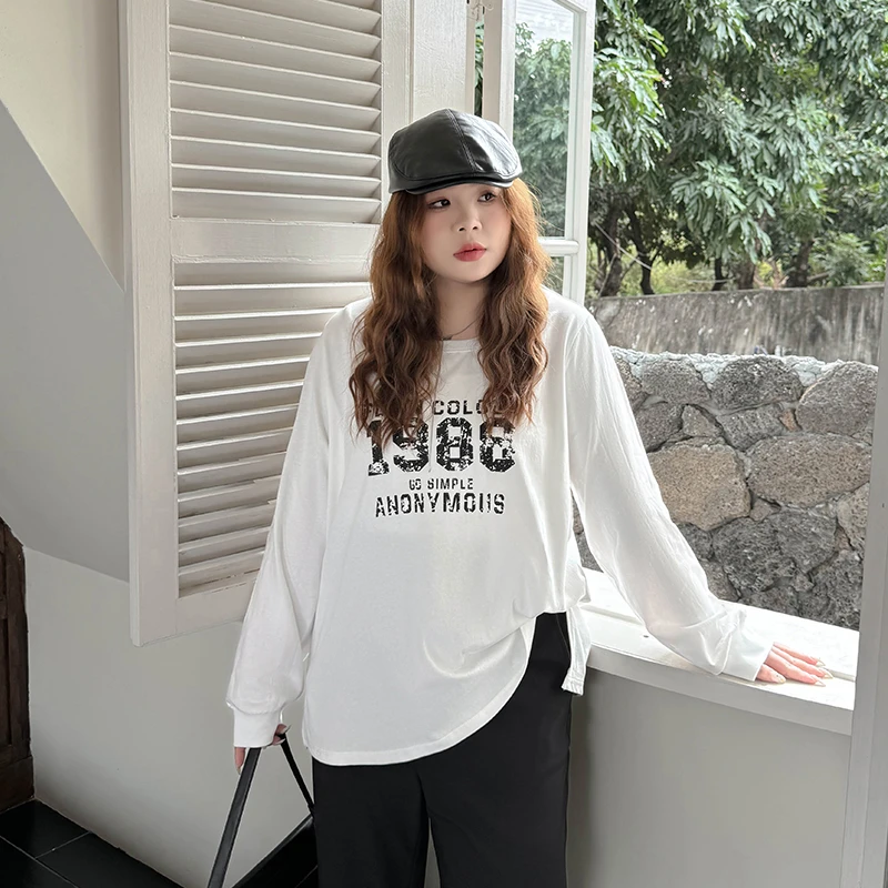 DC7002大码女装【怀旧电影感】字母印花T恤春季长袖开叉打底衫上衣