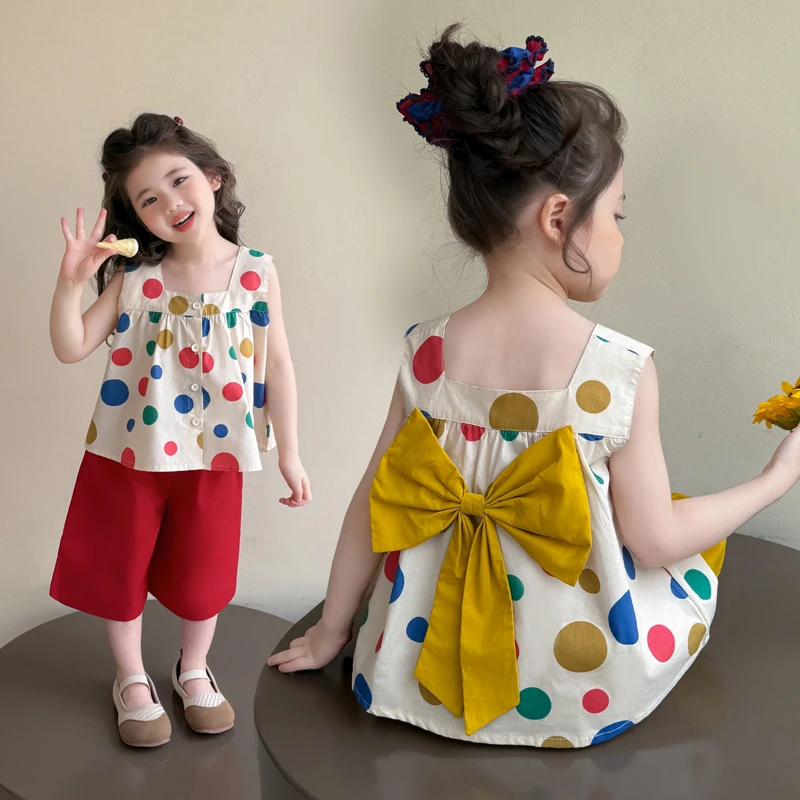 女童套装夏季新款2025韩版女宝宝圆点蝴蝶结背心阔腿裤棉布两件套