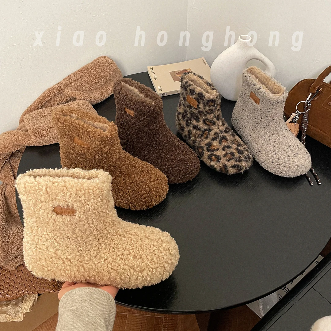 【小红红】休闲冬季加绒保暖套筒毛毛短靴女内增高4cm短筒百搭韩版
