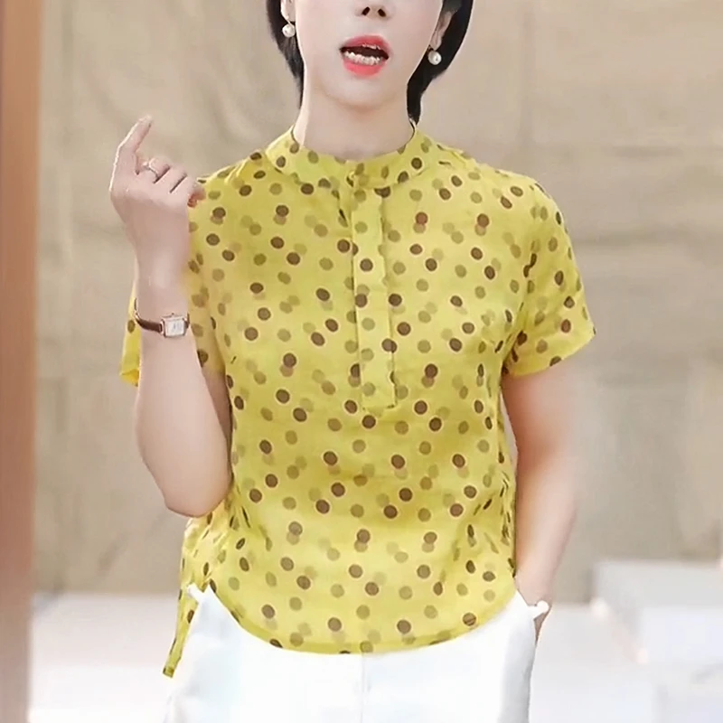 2025夏季新款黄色波点女衬衫洋气减龄宽松休闲显瘦立领设计感上衣