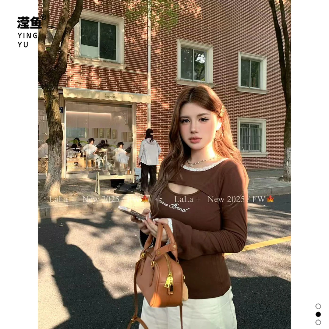 LALA 96048大码蕾丝拼接圆领长袖t恤显瘦百搭甜辣高级感时尚上衣