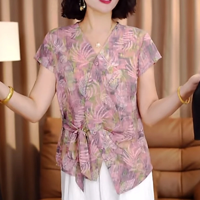 2025夏装洋气百搭V领短袖时尚减龄中年女士小衫新款遮肉显瘦上衣