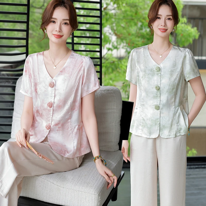 中年妈妈夏装套装洋气端庄大气40岁50中老年女夏装气质高贵两件套