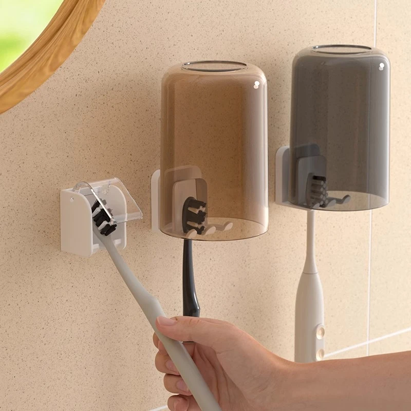 带盖挂式牙刷架神器卫生间防尘简约漱口杯牙刷架一体免打孔浴室