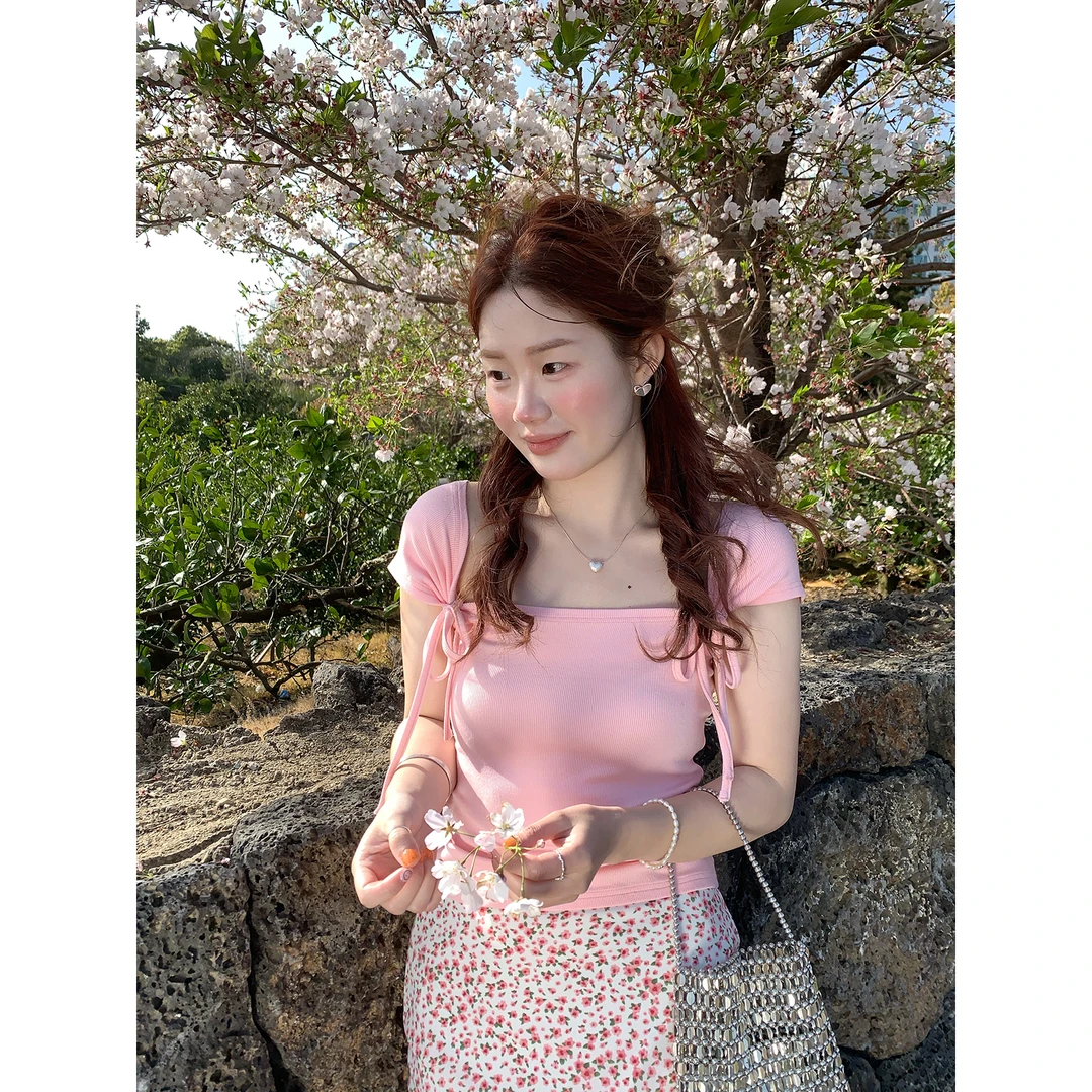 火火火【桃子冰茶】韩系温柔系带设计上衣t恤T33166HH52